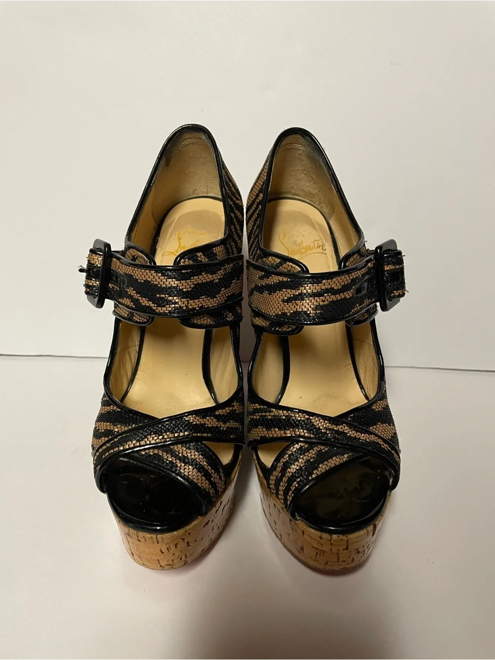 Christian Louboutin Black and Tan Zebra Cork Wedge Mary Jane Pumps 36